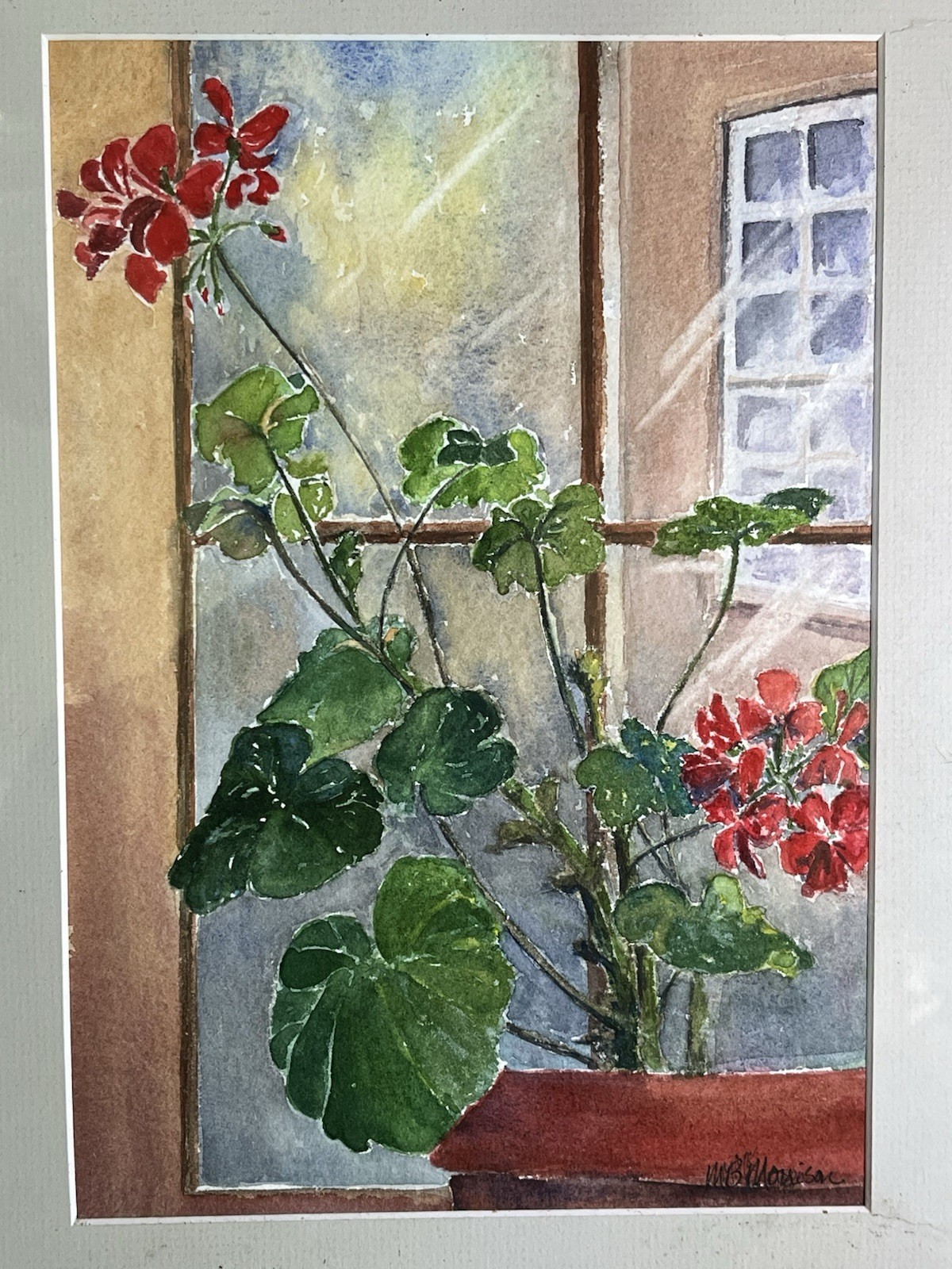 VINTAGE FRAMED MATTED RED GERANIUM WATER COLOR STILL LIFE PAINTING MB MORRISON