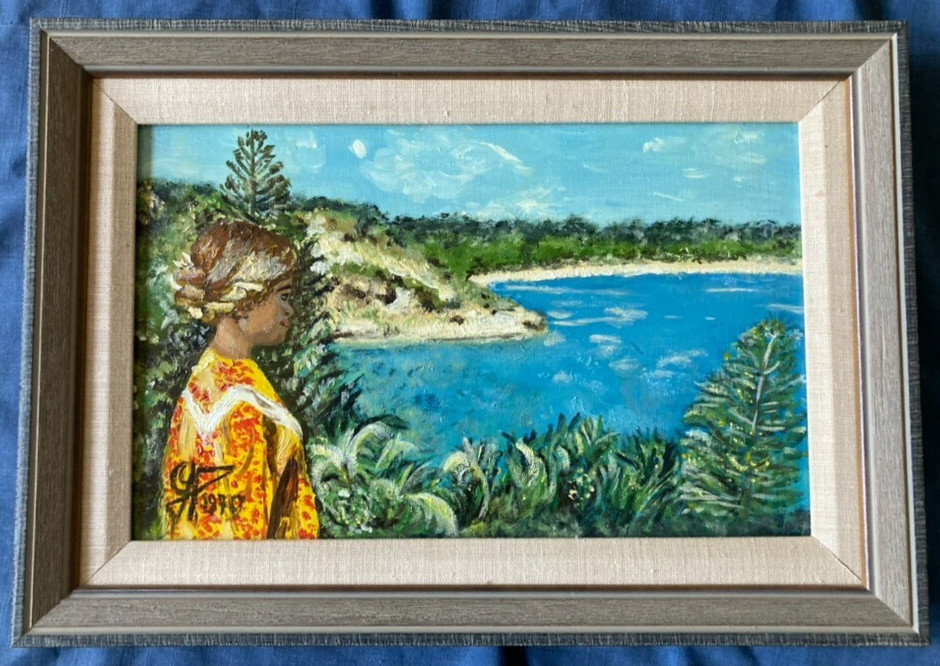 New Hebrides PORT VILLA VANUATU ArT Giselle Peronet OIL PAINTING 1979 SEA LAGOON