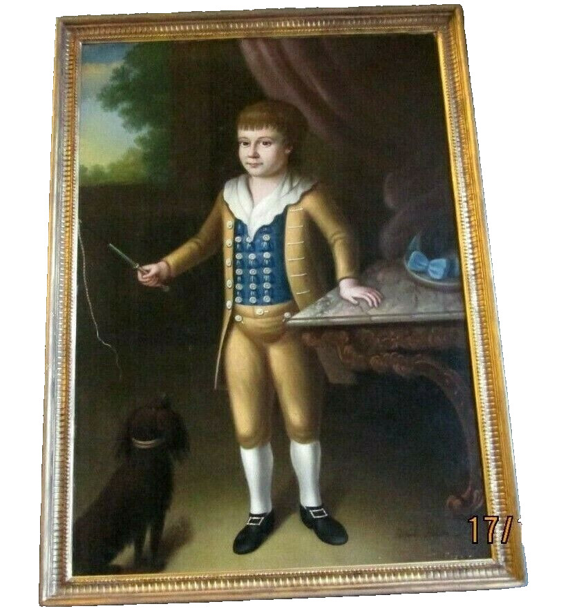 Lt. 1700’s 36″ x 50″ FRAMED 18TH C.AMERICAN PORTRAIT PAINTING O/C BOY W/DOG