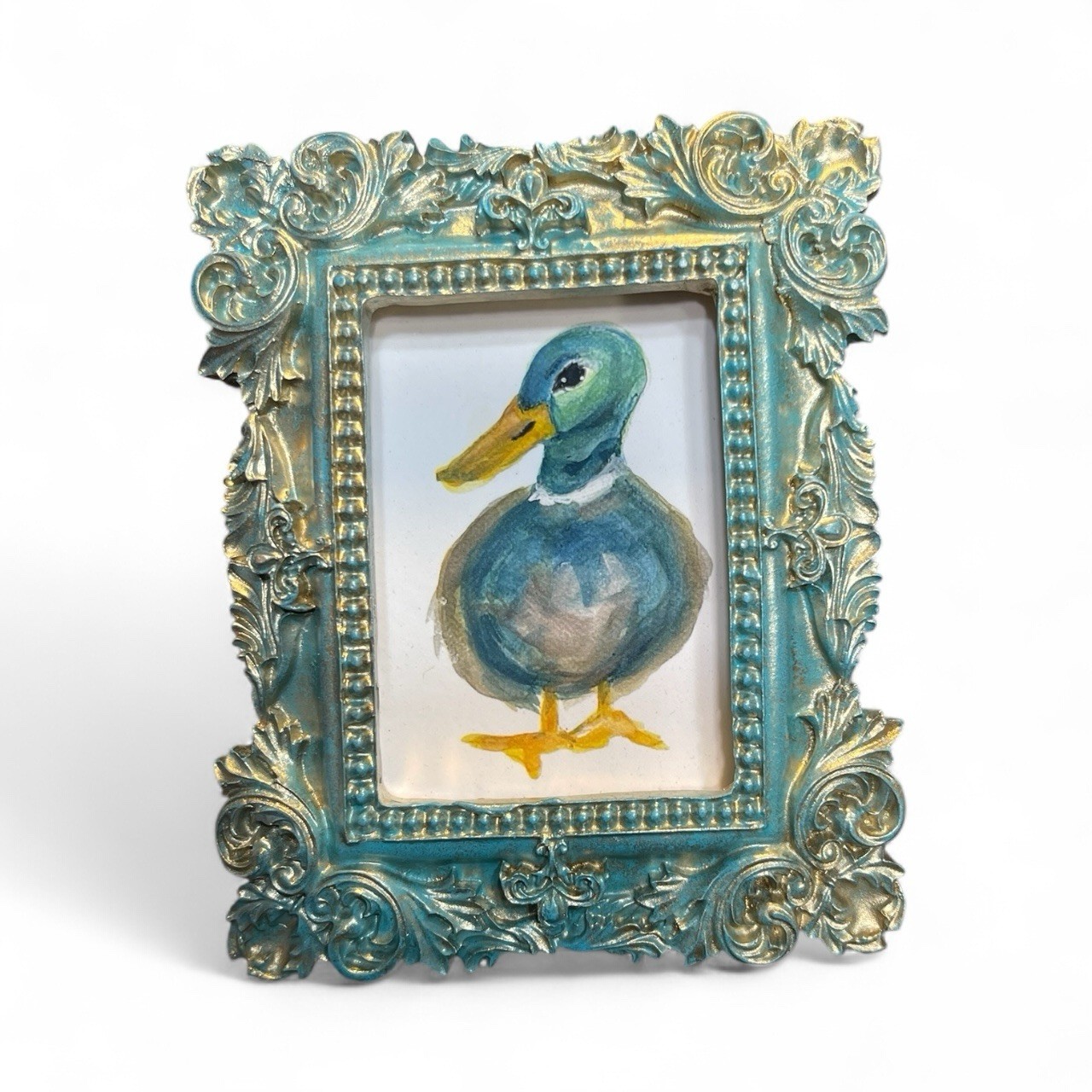 Mallard Duck miniature art watercolor print in vintage style ornate frame