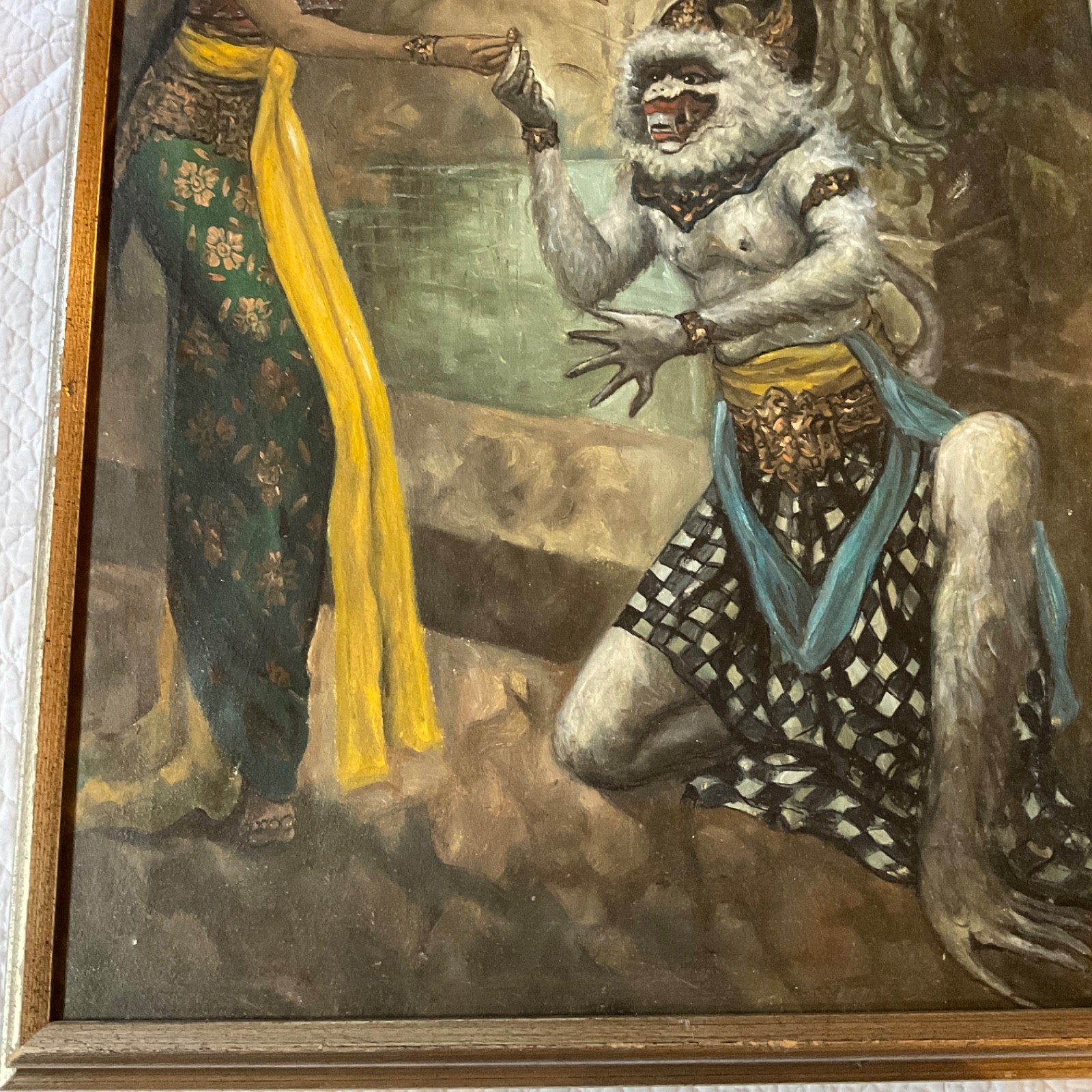original oil painting Balinese woman portrait mythical monkey god signed vinage