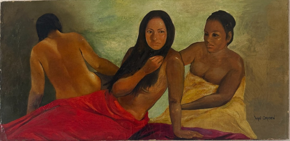 Vintage Signed Stuart Van Orden MCM Oil Painting Tahitian Figures Polynesian Art