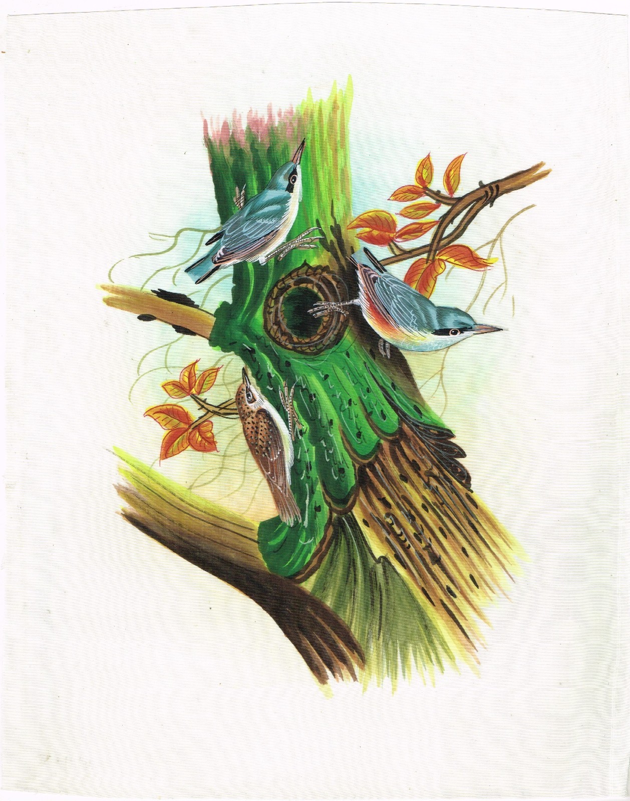 Miniature Birds Painting Of Bird Basil Ede On Silk Cloth Handmade Nature Art
