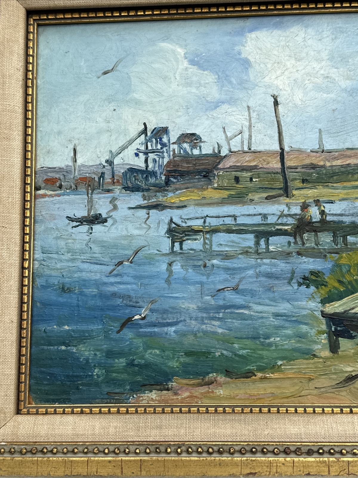 ANTIQUE PAINTING IMPRESSIONISM REGIONALISM MARINA NAUTICAL PORT BOAT DOCK OLD