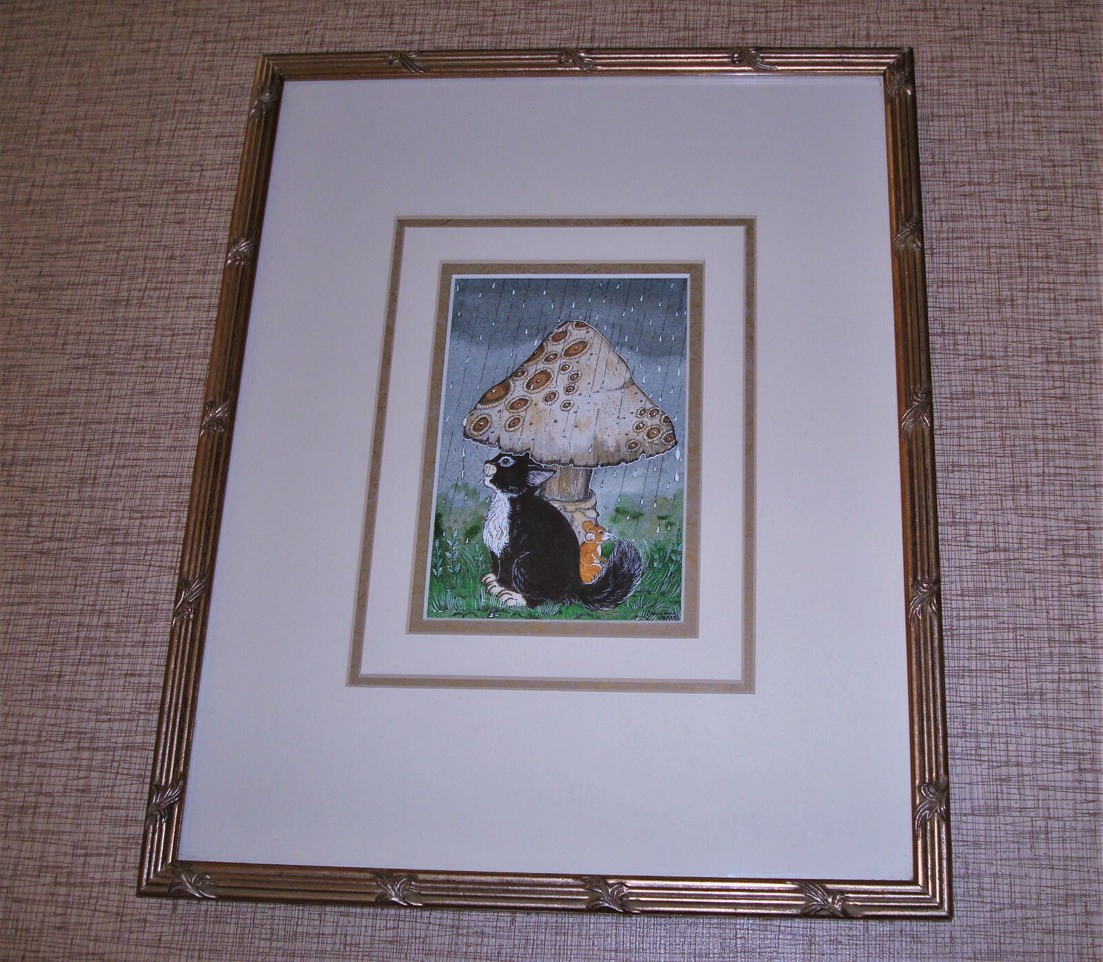 Signed CHEYENNE – Cat & Mouse, Giant Mushroom Watercolor/Gouache/Ink Painting