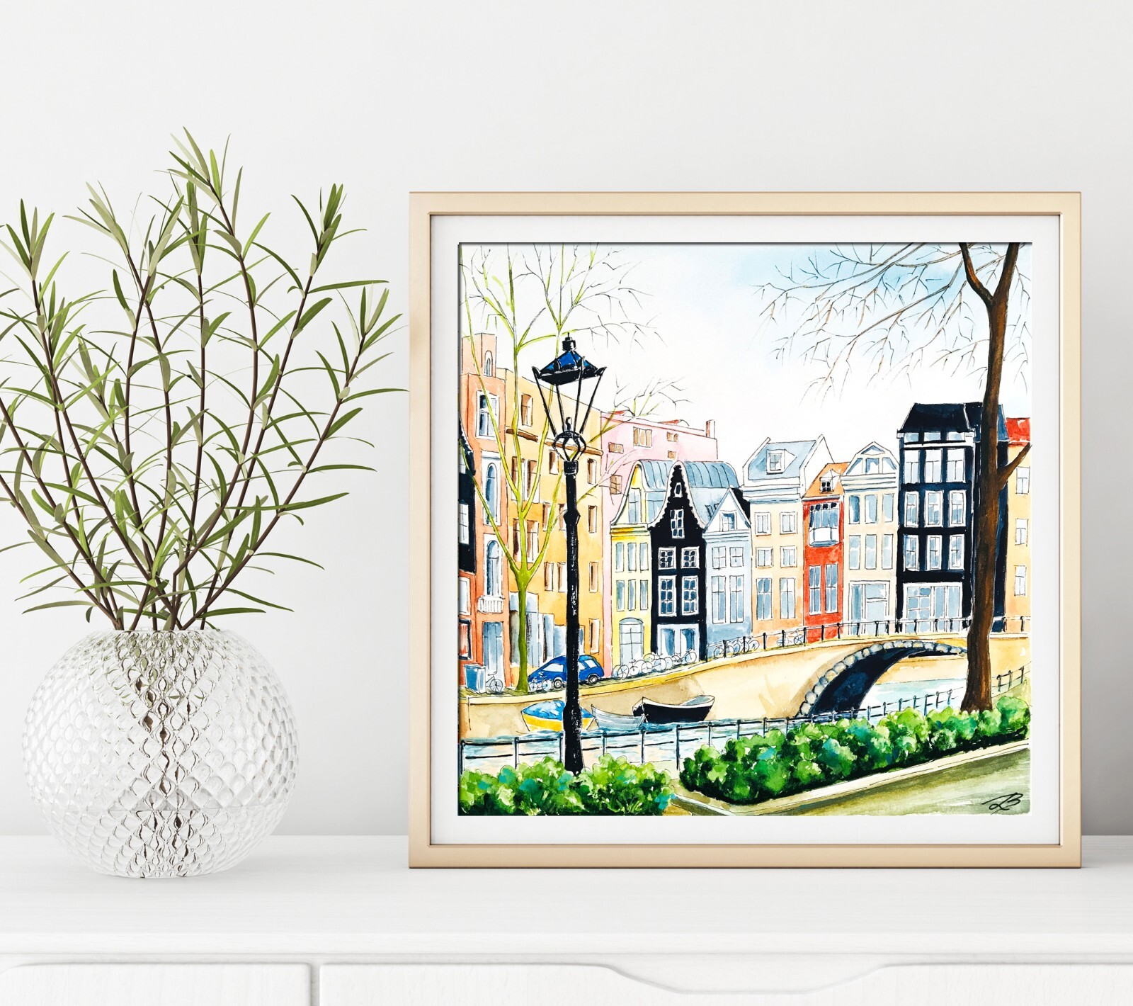 Amsterdam Original Art Netherlands Painting Watercolor Cityscape Art 12 x 12″