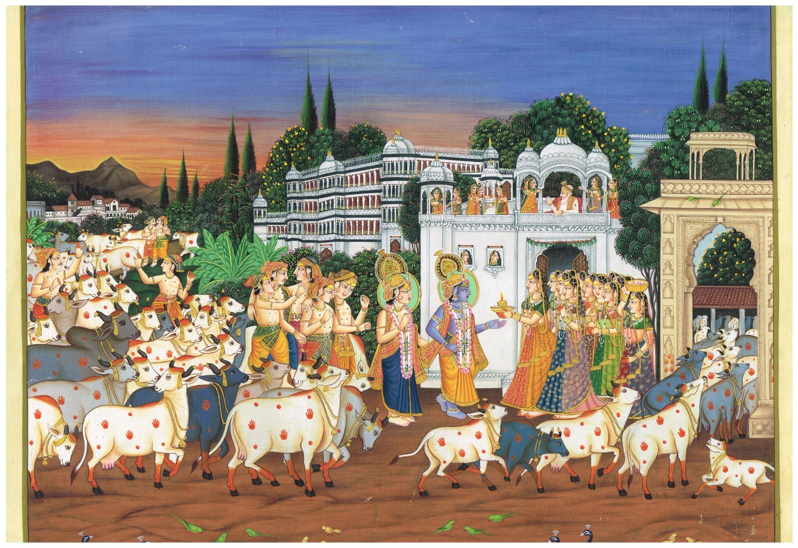 Hindu Religious Painting Of Krishna And Balarama Art View Of Vrindavan For Wall