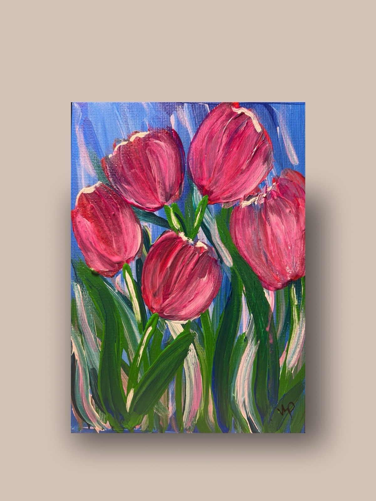 Magenta Tulips Impressionist Abstract Floral Acrylic Small 5×7 Canvas Panel