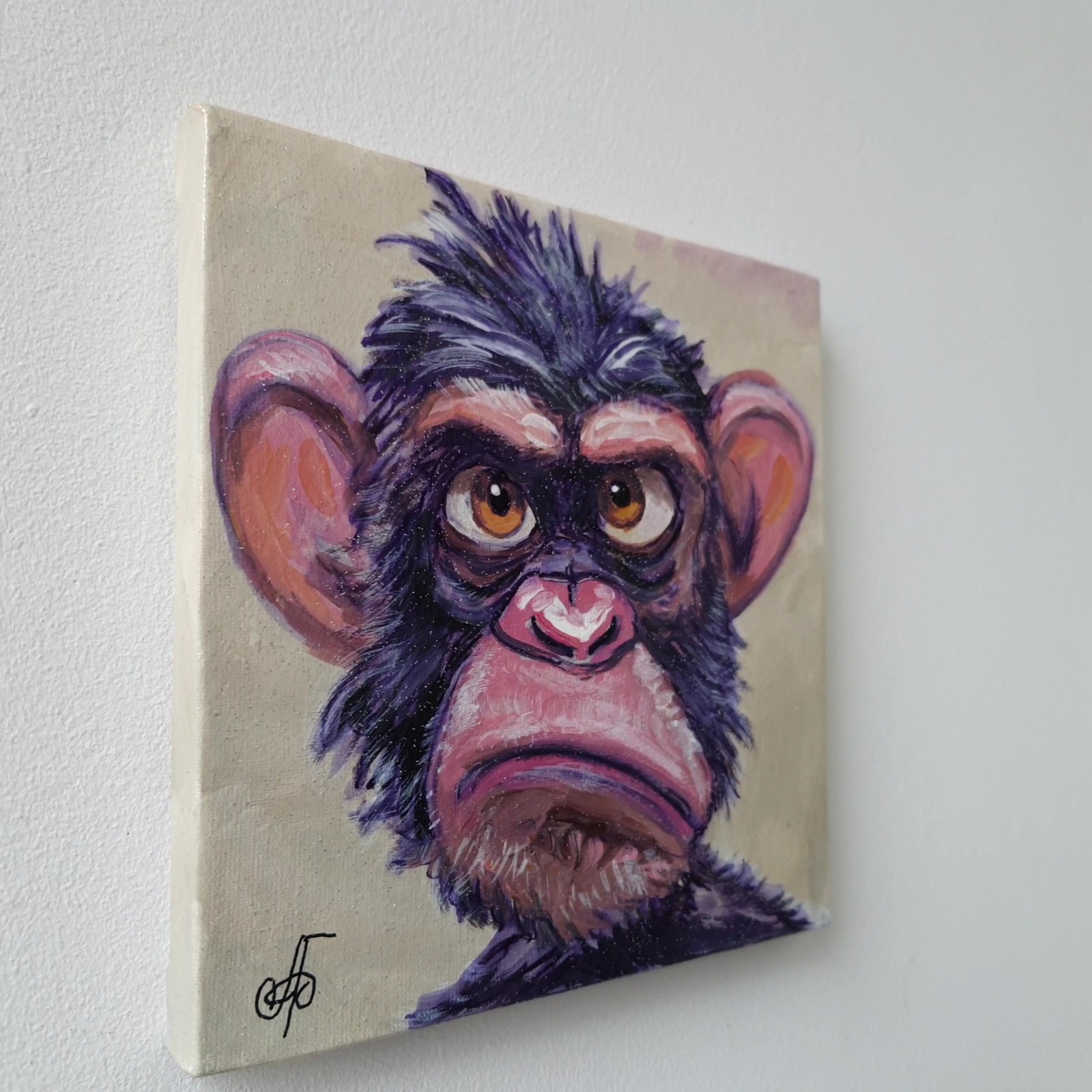 Original Acrylic Painting Funny Grumpy Chimp Monkey Portrait Small Hand Painted