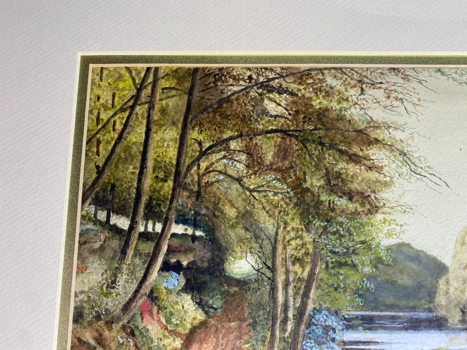 Antique W Higher «River Landscape Scene» Watercolor Painting – Signed And Framed