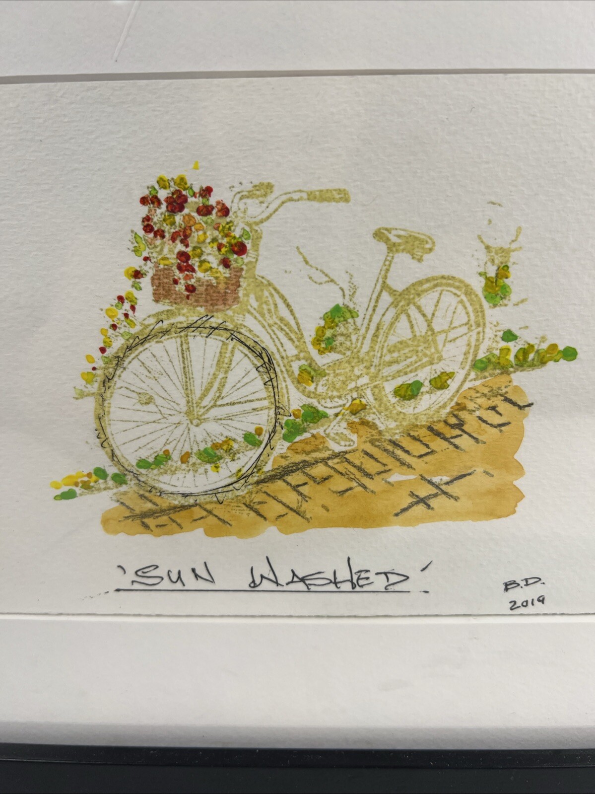 Watercolor and Ink Bicycle With Flower Basket Framed Artist Signed Dated