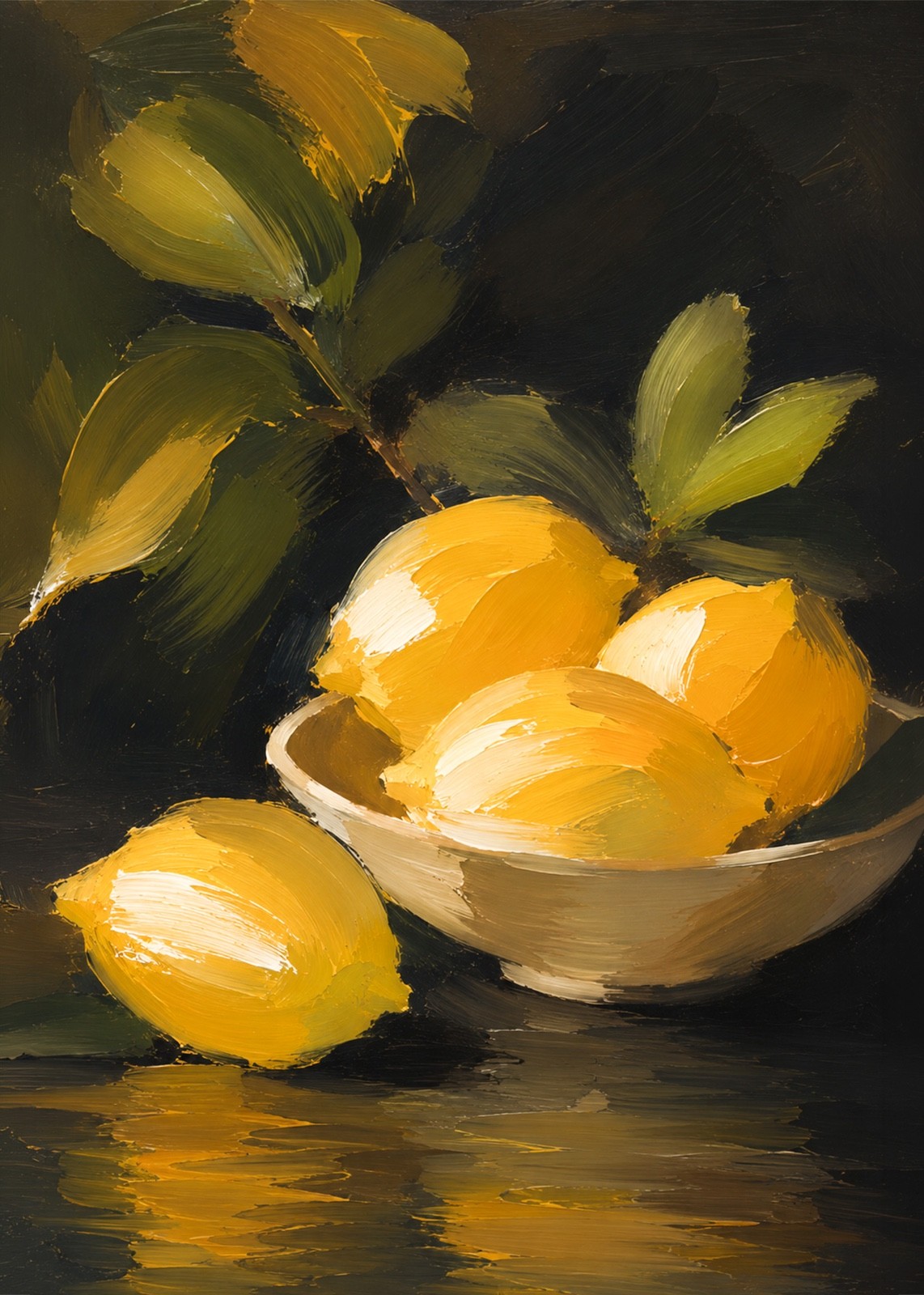 Lemon Still Life Impasto Textured Canvas Print Framed Black Gold Wall Art
