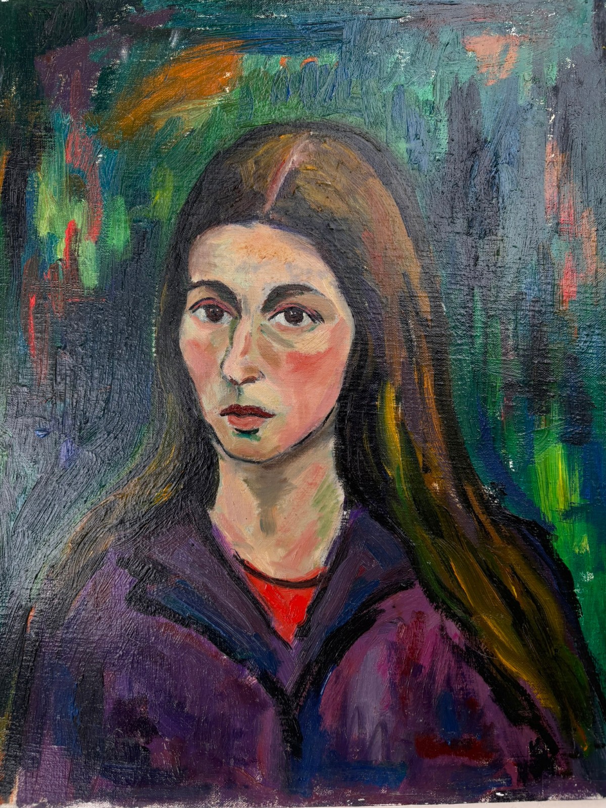 Long-Haired Girl in Purple 20 x 16 Oil Painting-1930s/40s-Maxim Bugzester