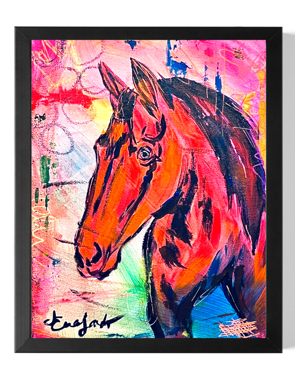 Guajardo Original Art: Neon Fire Horse 14X11 Canvas Signed Expressionism