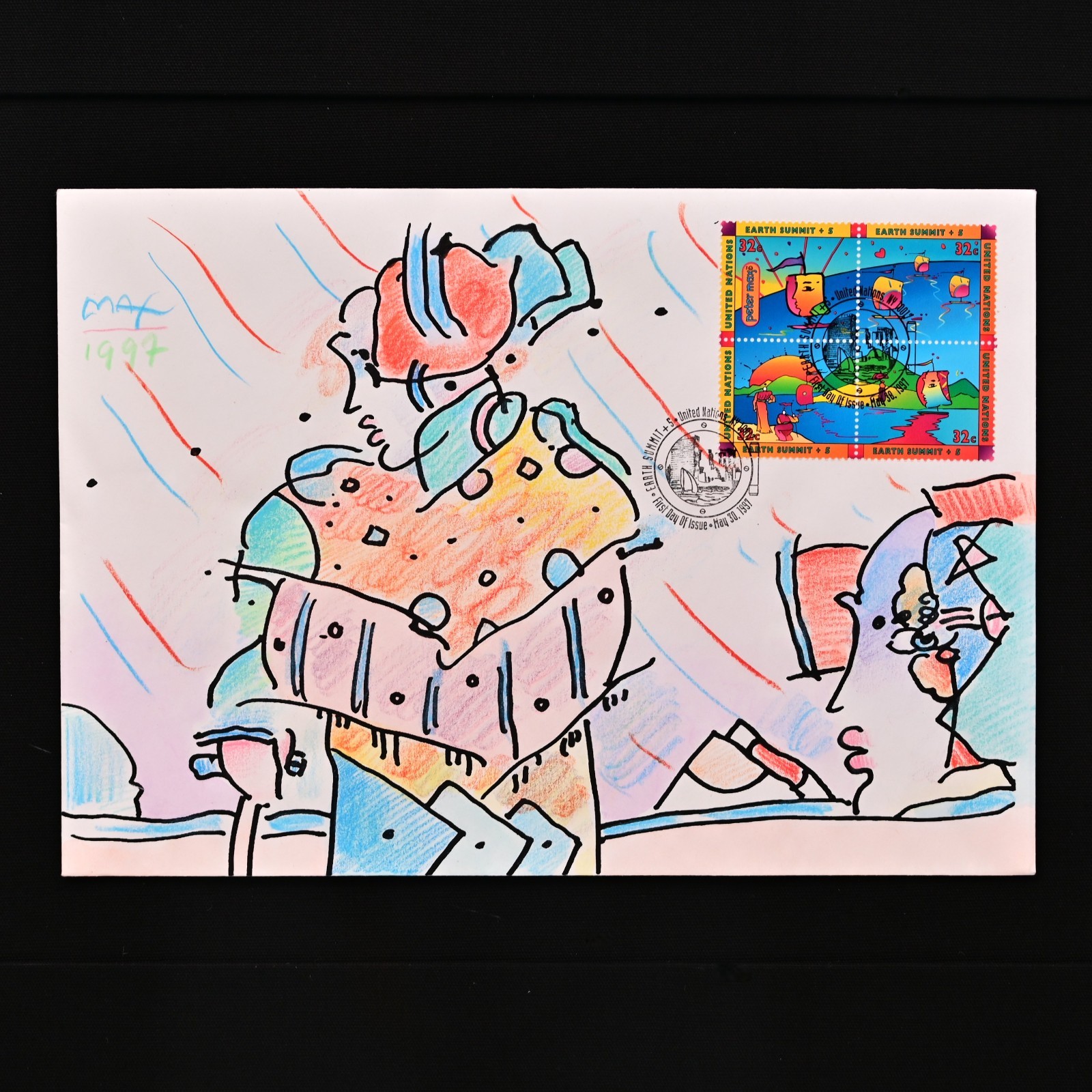 PETER MAX Original Vintage Signed Mixed Media Lady Profile Illustration Painting