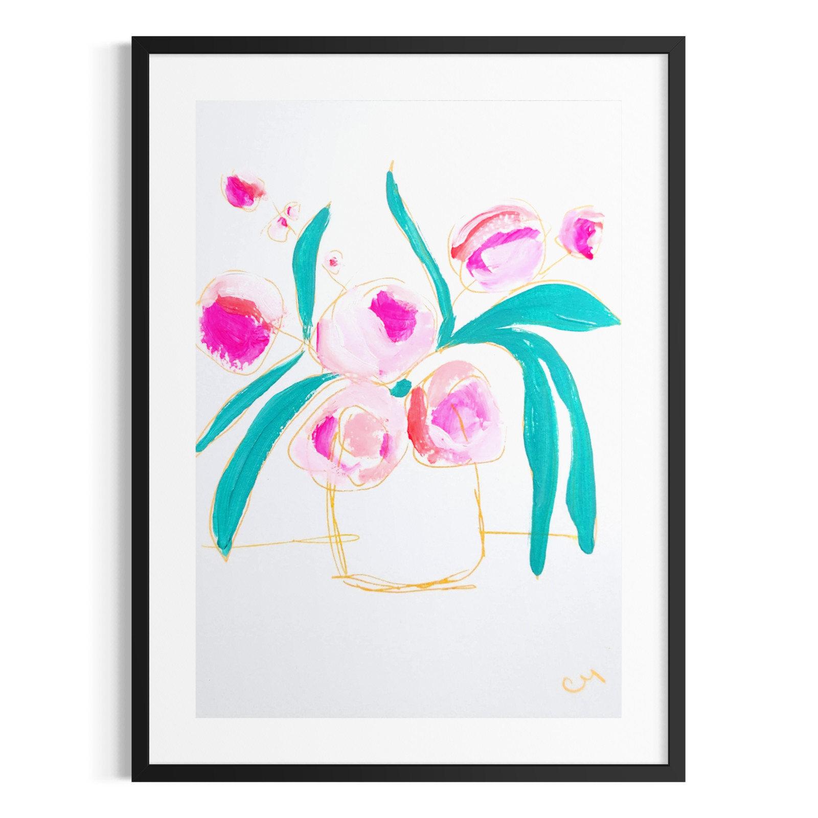 Original Botanical 5×7 Painting Acrylic Flowers Teal Pink Wall Art