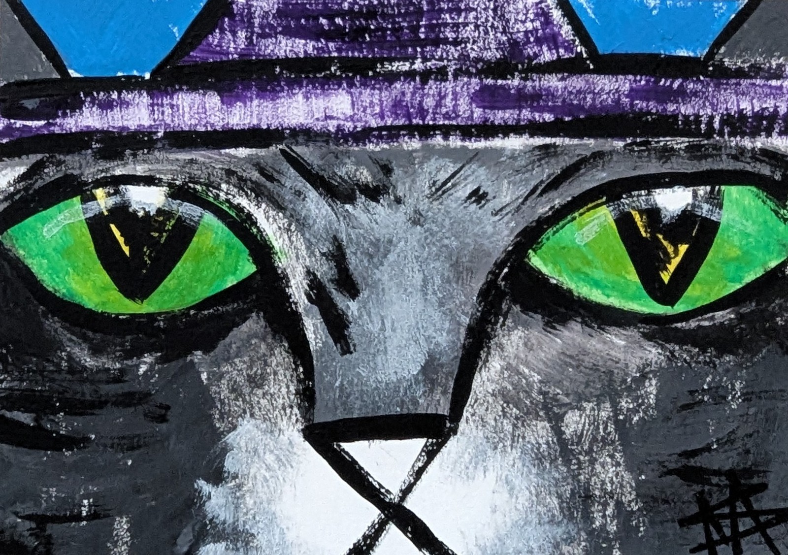 ACEO Cat Painting Original Collectible Witch Modern Folk Art By Samantha McLean