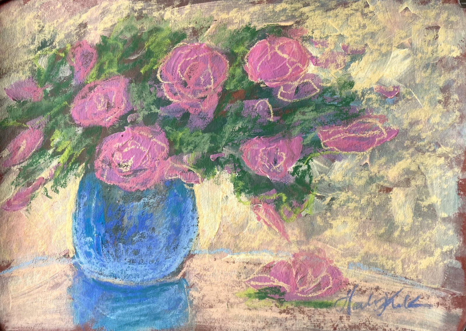 Flowers in Vase Landscape Original Pastel Painting Margaret Raven