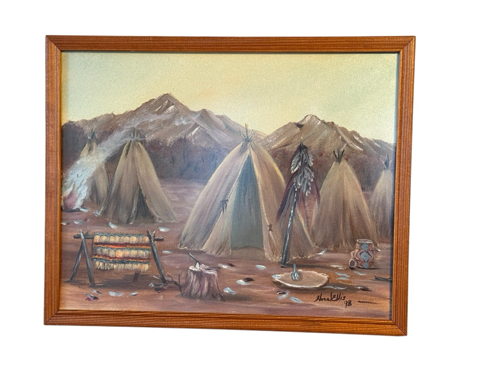 Hazel Ellis Original Oil on Canvas Native American Scene w/ Mountains Teepees