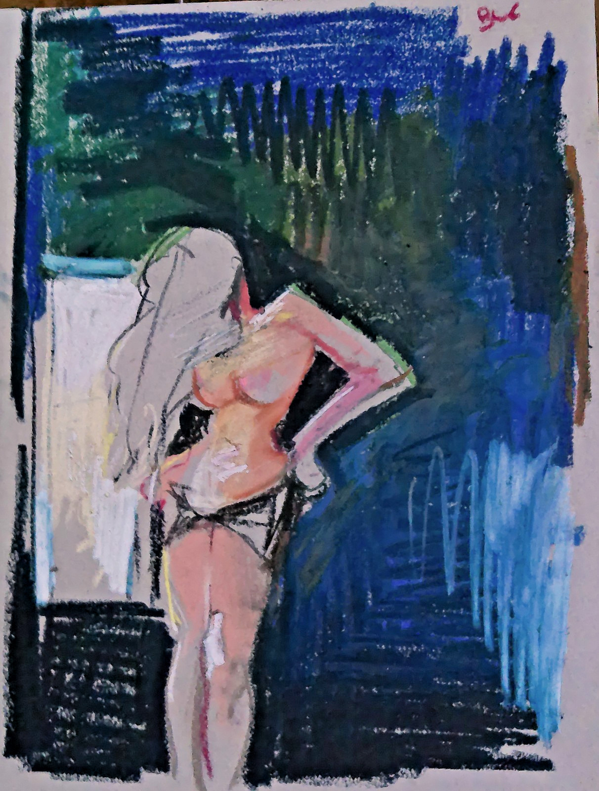 Cubist Surrealism Interior Figure Pastel Painting 9″x12″ Paper Original Signed