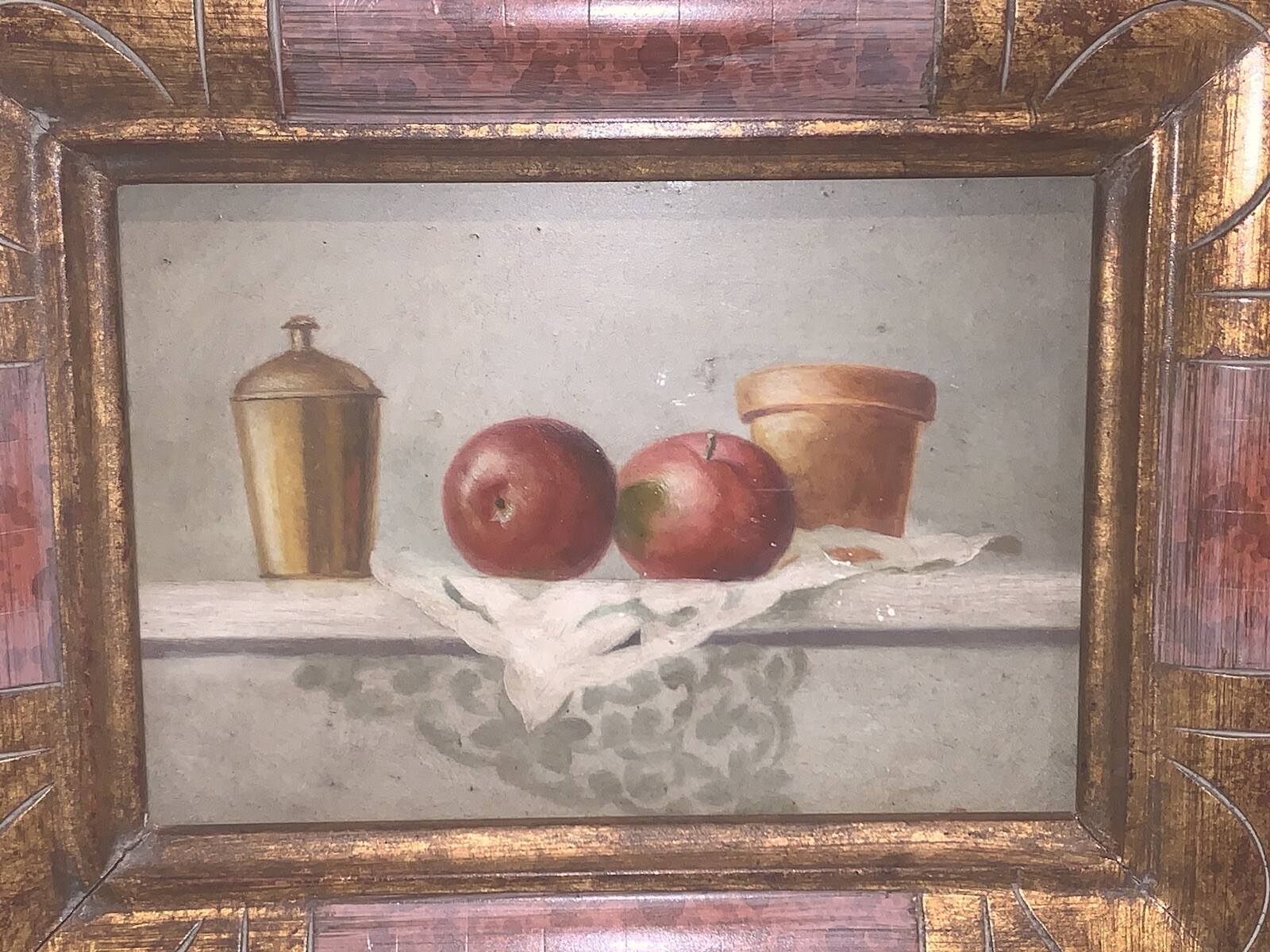 Vintage Red Apples & Lace Still Life Oil On Panel Board Frame 11.75”X10”