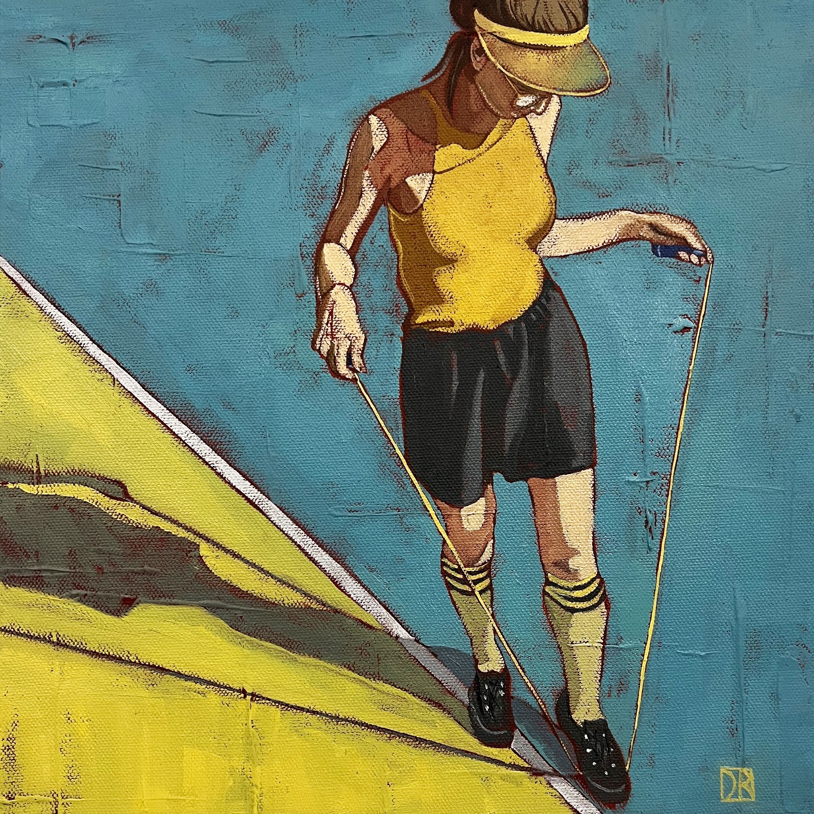 Girl and Rope Original Oil Painting on Stretched Canvas Sports Blue Yellow