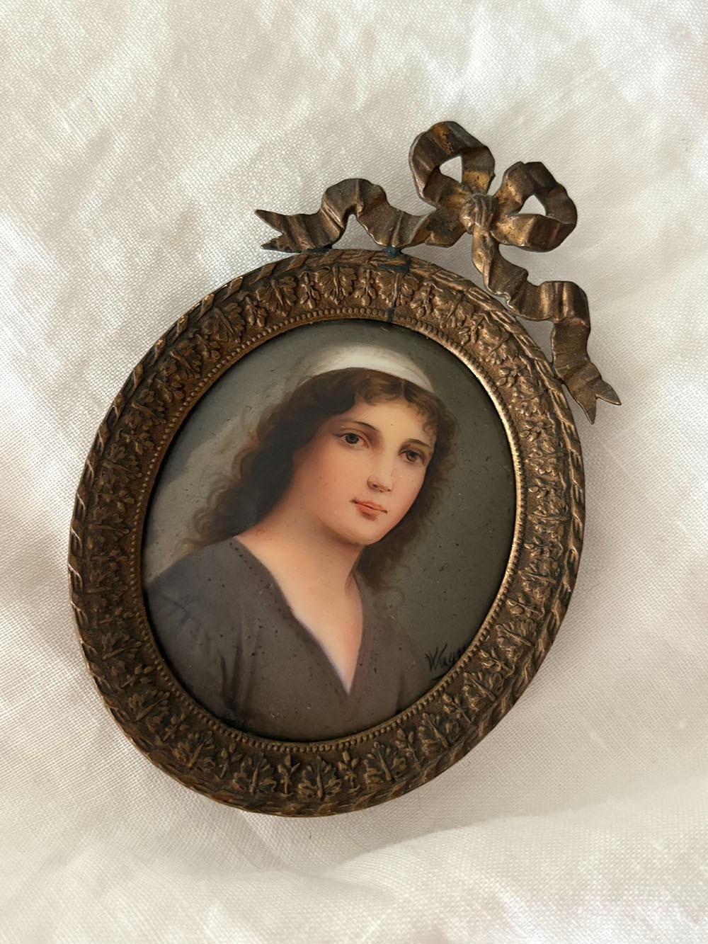 19th C. Miniature Portrait of Ruth on Porcelain, Signed Wagner, Ornate Frame