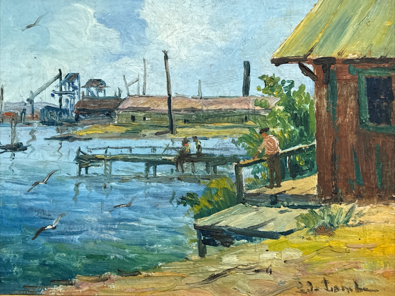 ANTIQUE PAINTING IMPRESSIONISM REGIONALISM MARINA NAUTICAL PORT BOAT DOCK OLD