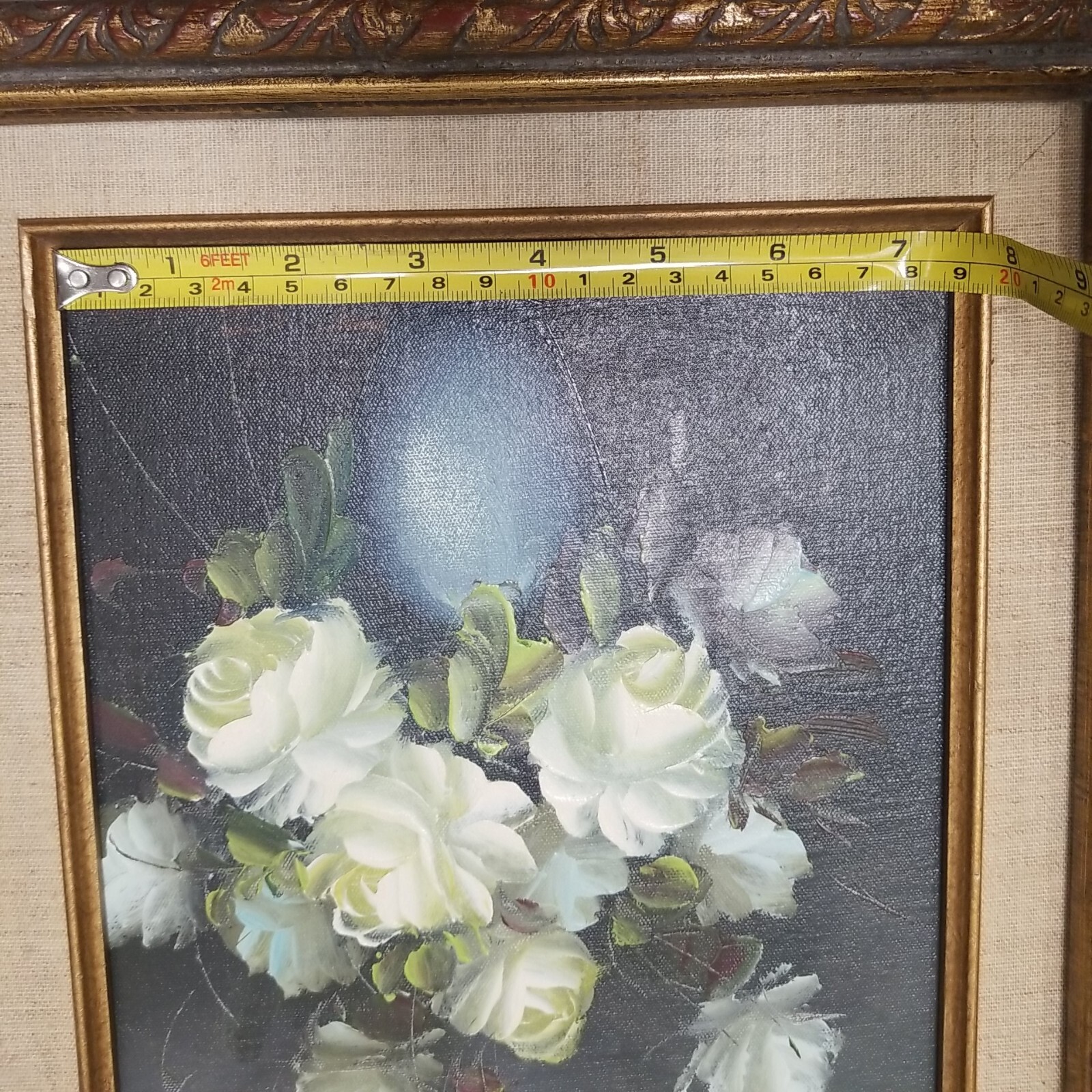 Still Life Oil Painting White Roses Bouquet Flowers In Vase Framed Canvas Signed