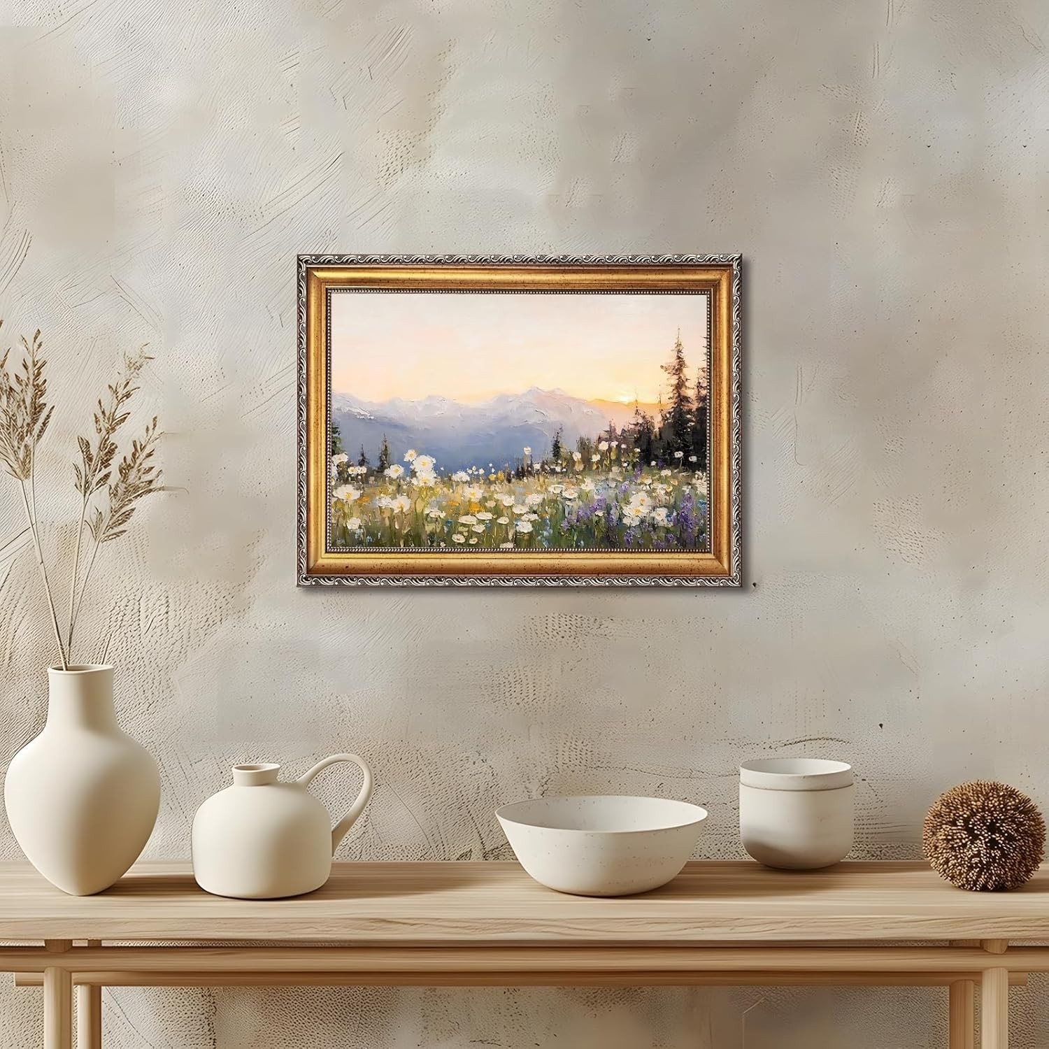 Vintage Wildflower Sunset Mountain Wall Art Retro Floral Landscape Oil Painti…