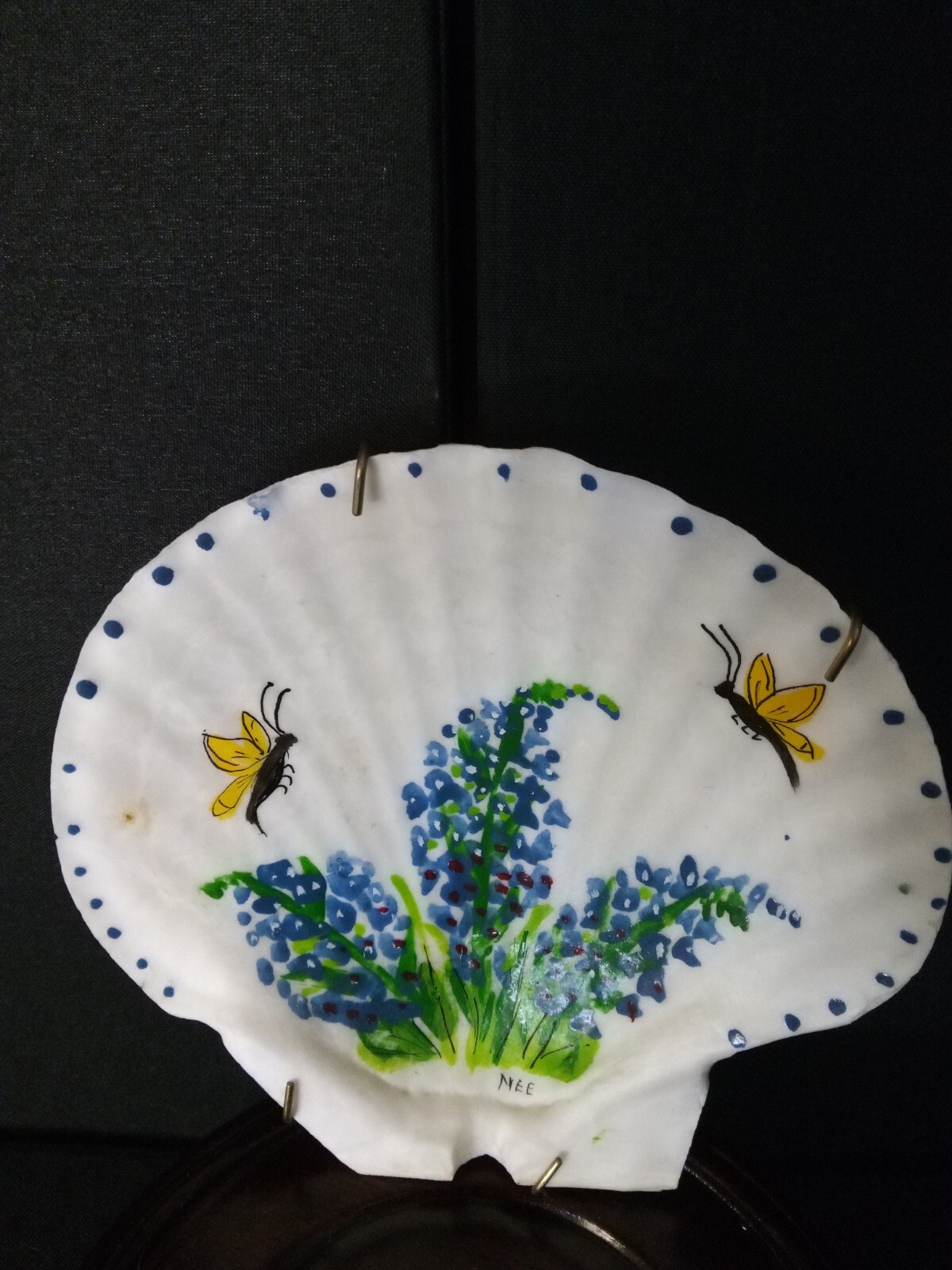 Antique Hand Painted Scallop Shell With Wall Hanger-Original Art-Signed-5″x5″