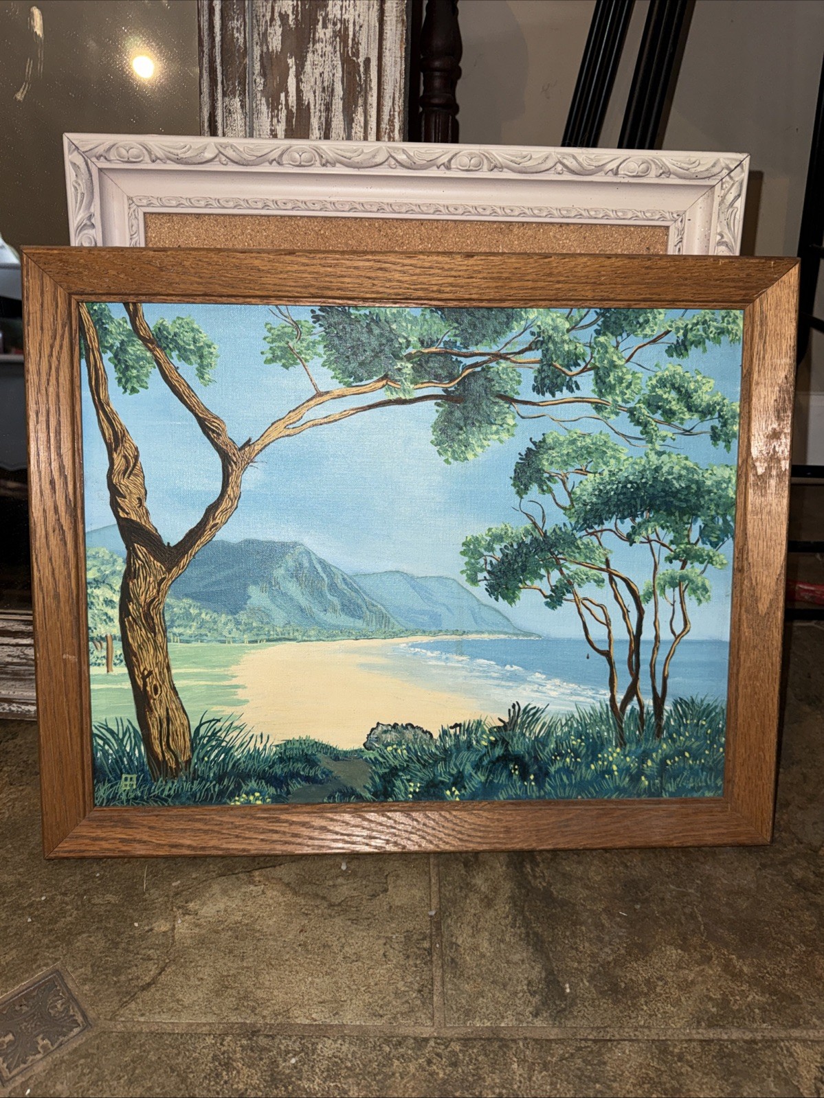 Original Painting 16×20 Framed Beautiful Beach Mountain Tree Scene