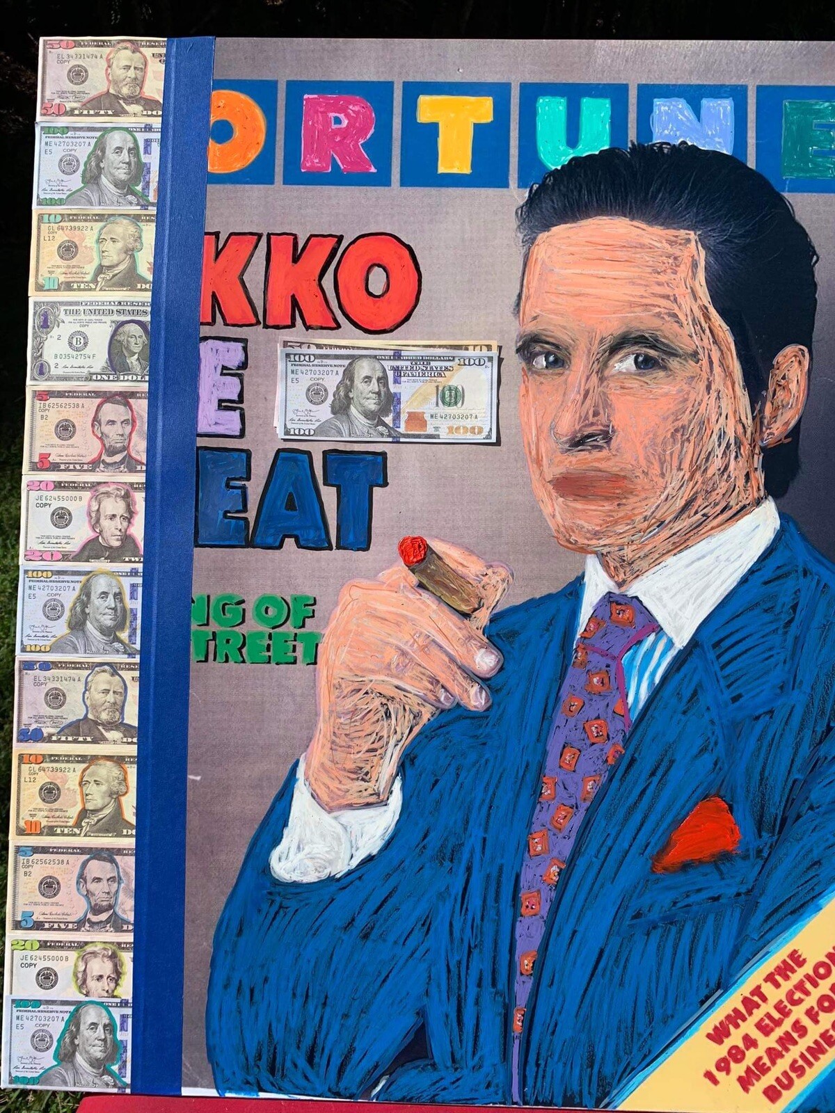 Gordon Gekko Wall Street Money never Sleeps painting collage on canvas 30×24