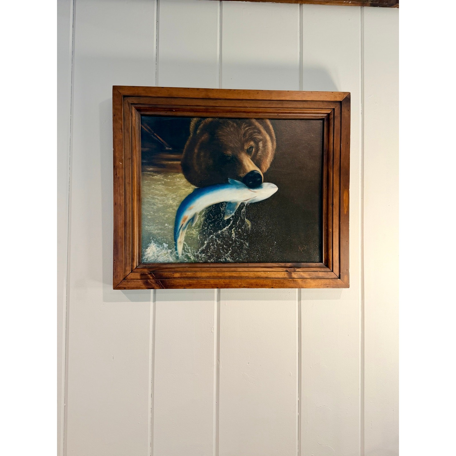 Adele Buytenhuys Original Oil Painting Bear Catching Salmon NC Sandhills Artist