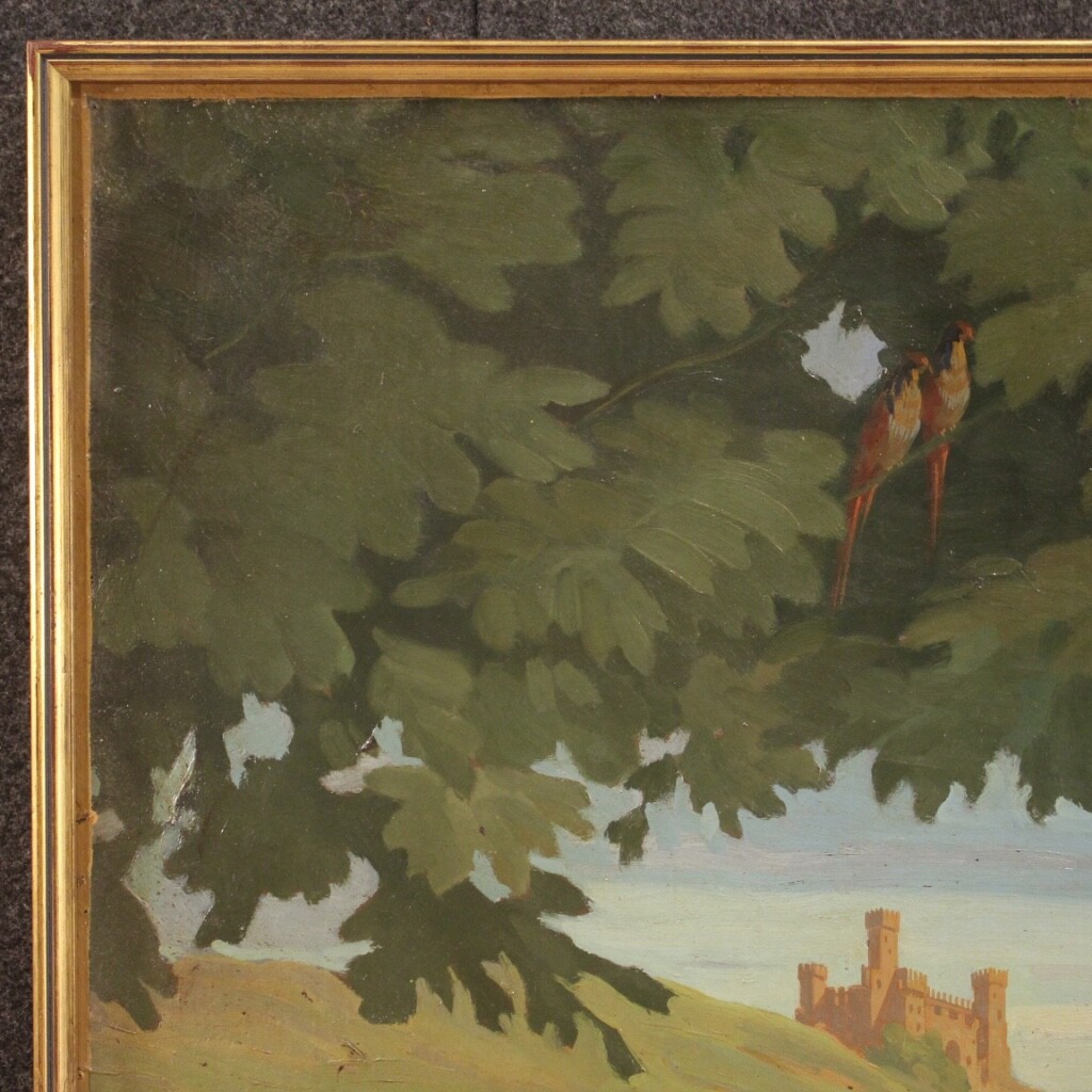 Dated painting framework landscape oil on masonite characters antique style 900