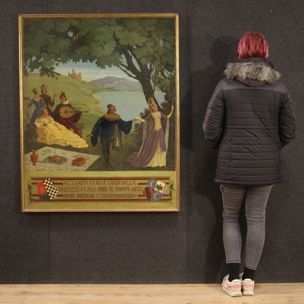 Dated painting framework landscape oil on masonite characters antique style 900