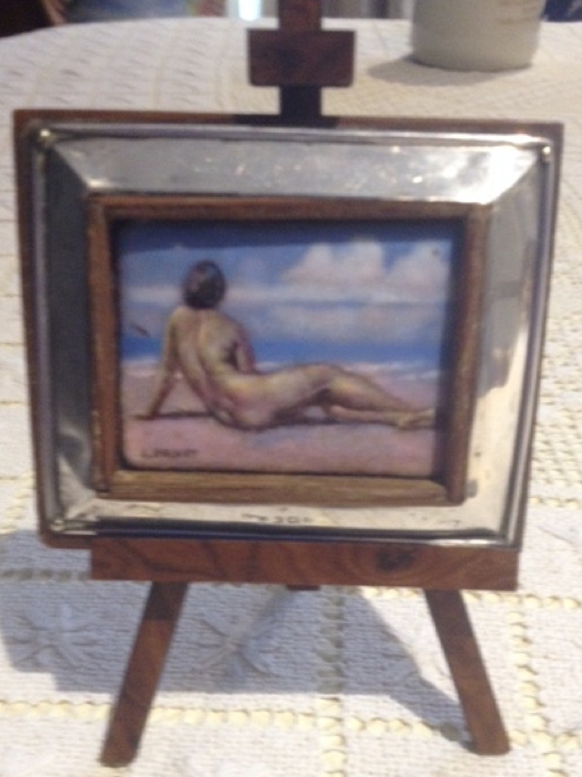 «BRUNET» MINIATURE ENAMELLED STERLING SILVER FRENCH FRAMED NUDE SIGNED 1913