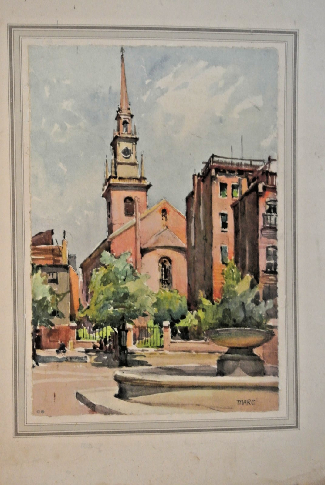 40’s Signed MARC Watercolor European Church Fountain Street Scene Original Art