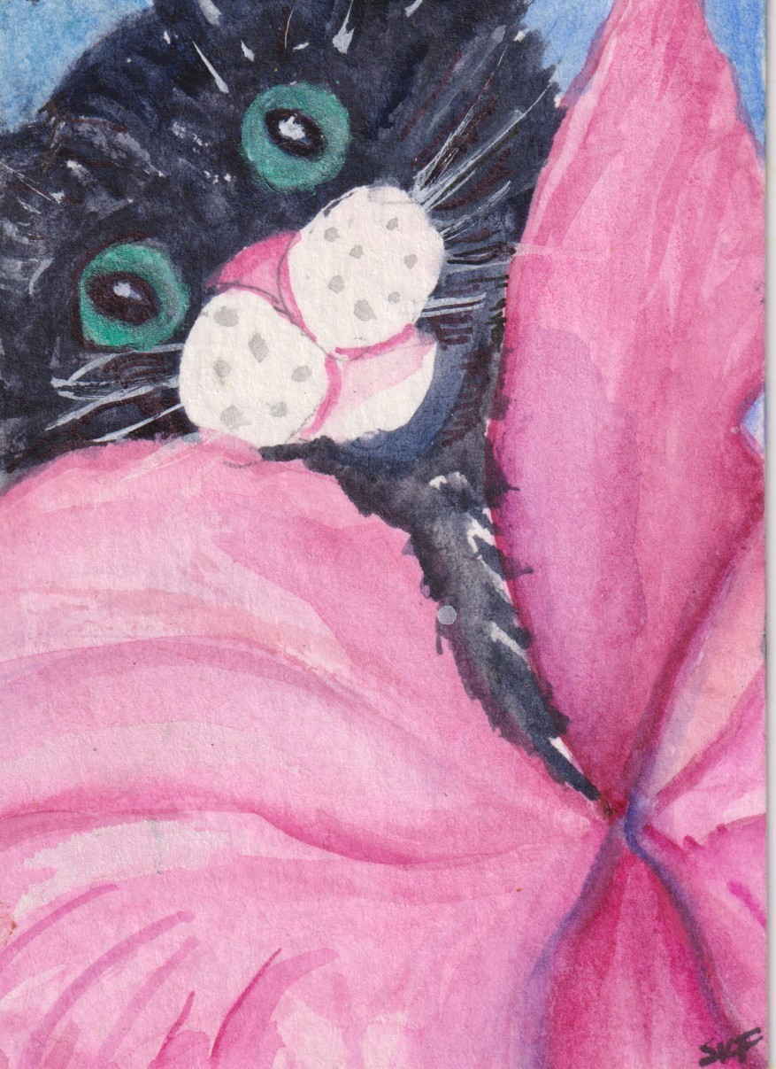ACEO Original Watercolor Painting – Black Cat in Pink Flower Sharon Foster