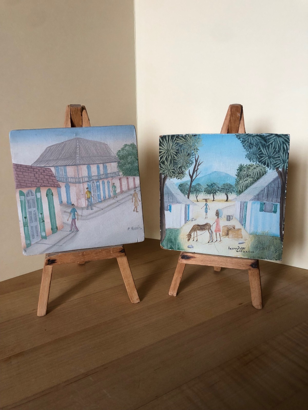 Tiny Art: 2 signed vintage miniature paintings on easels