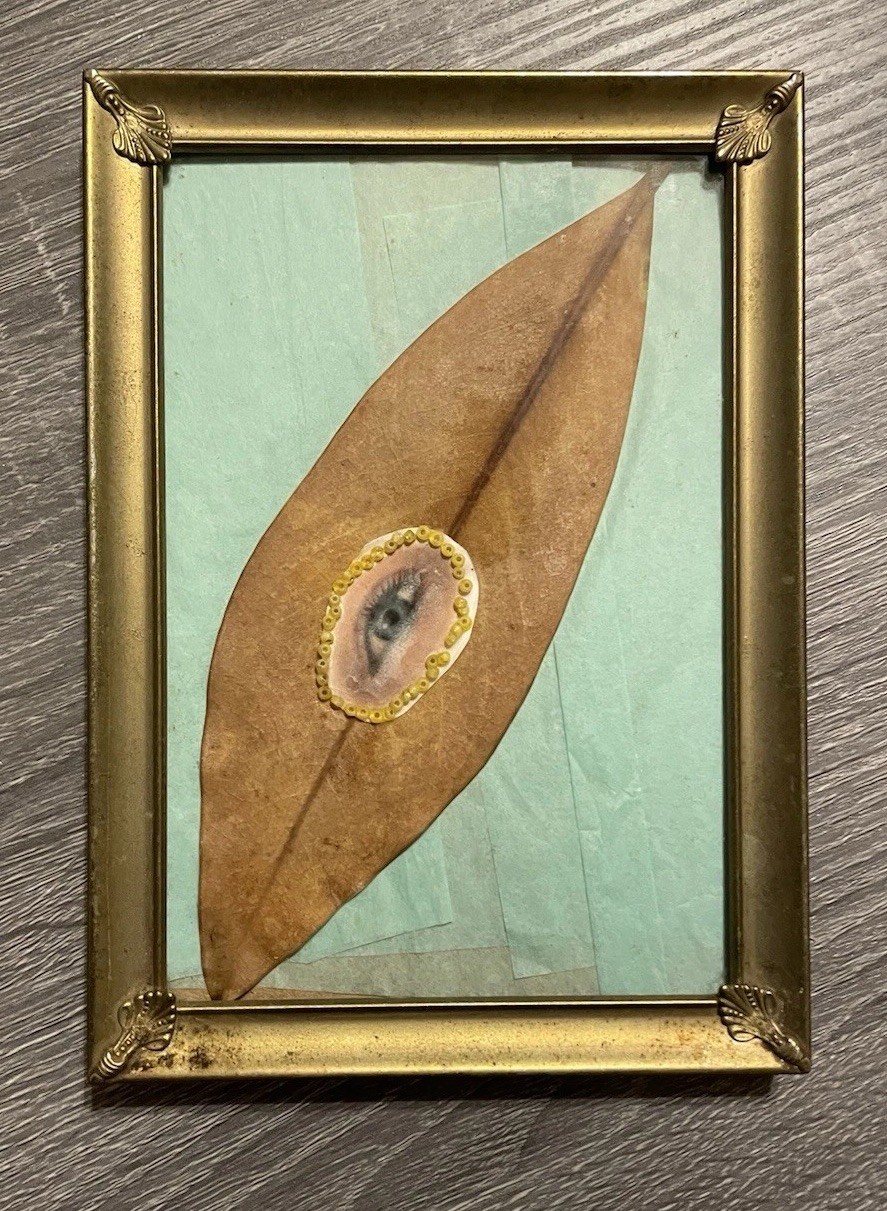 Original Framed Art Piece “Lovers Eye” on Magnolia Leaf OOAK Vintage Frame