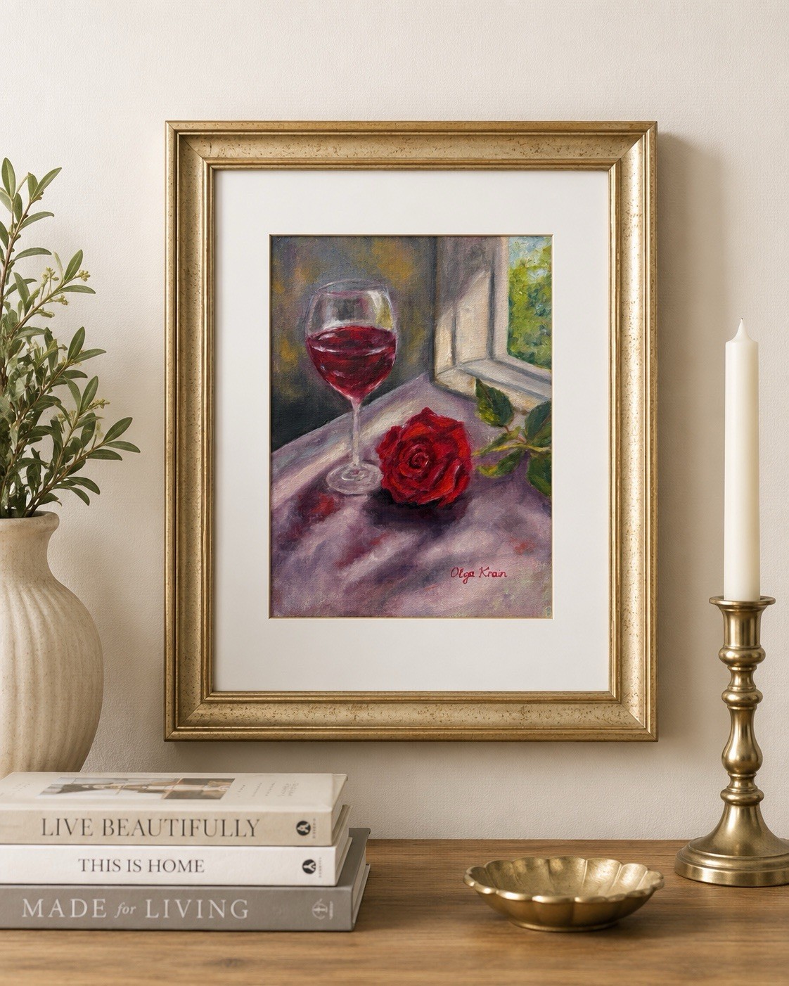 Original Still Life Wine & Rose Oil Painting Signed 8”x10” Canvas Board Unframed