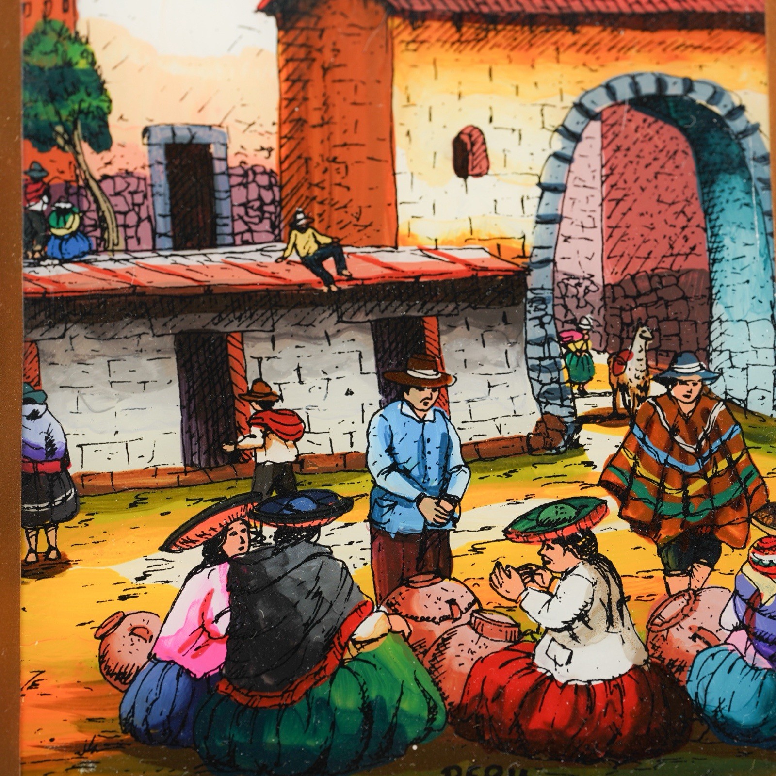 Vintage Folk Art Reverse Hand Painted Peruvian Village Scene Framed Wall Art