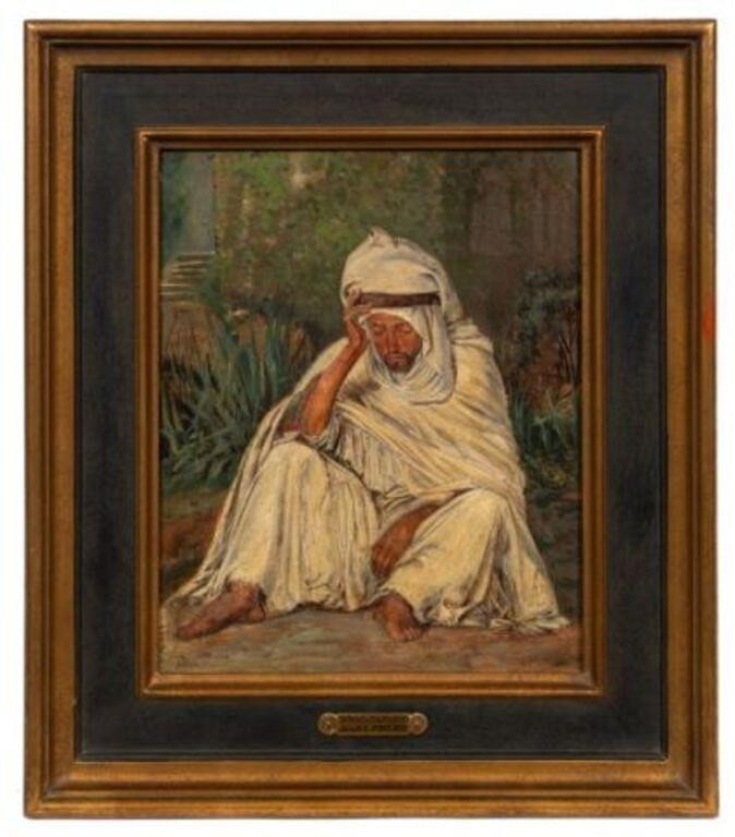 Oil Painting by Jean Jules Frere titled «Meditation» Seated Man w Provenance