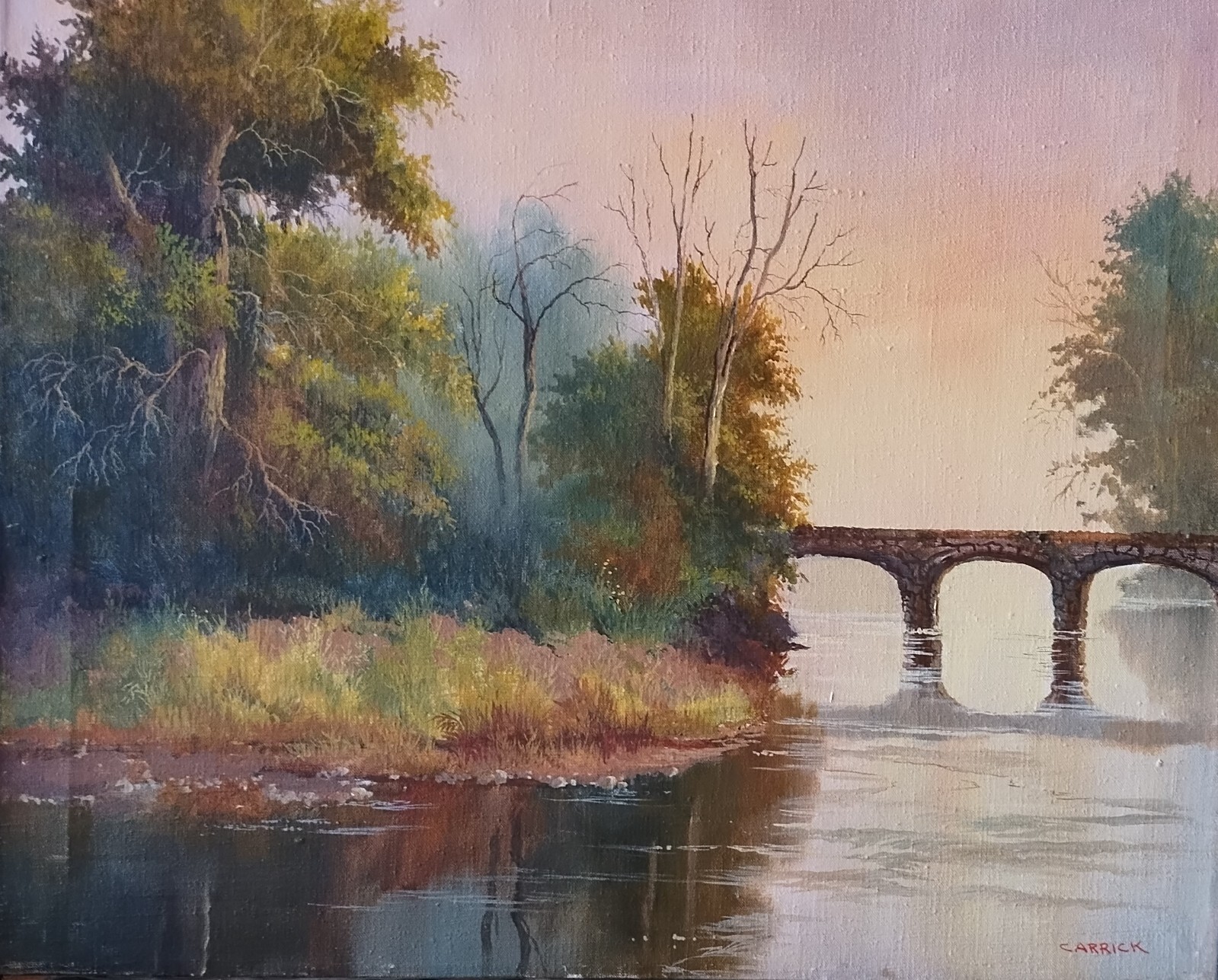 «Stone Bridges» by Beverly Carrick Landscape River Woods 20×24 FREE SHIPPING!