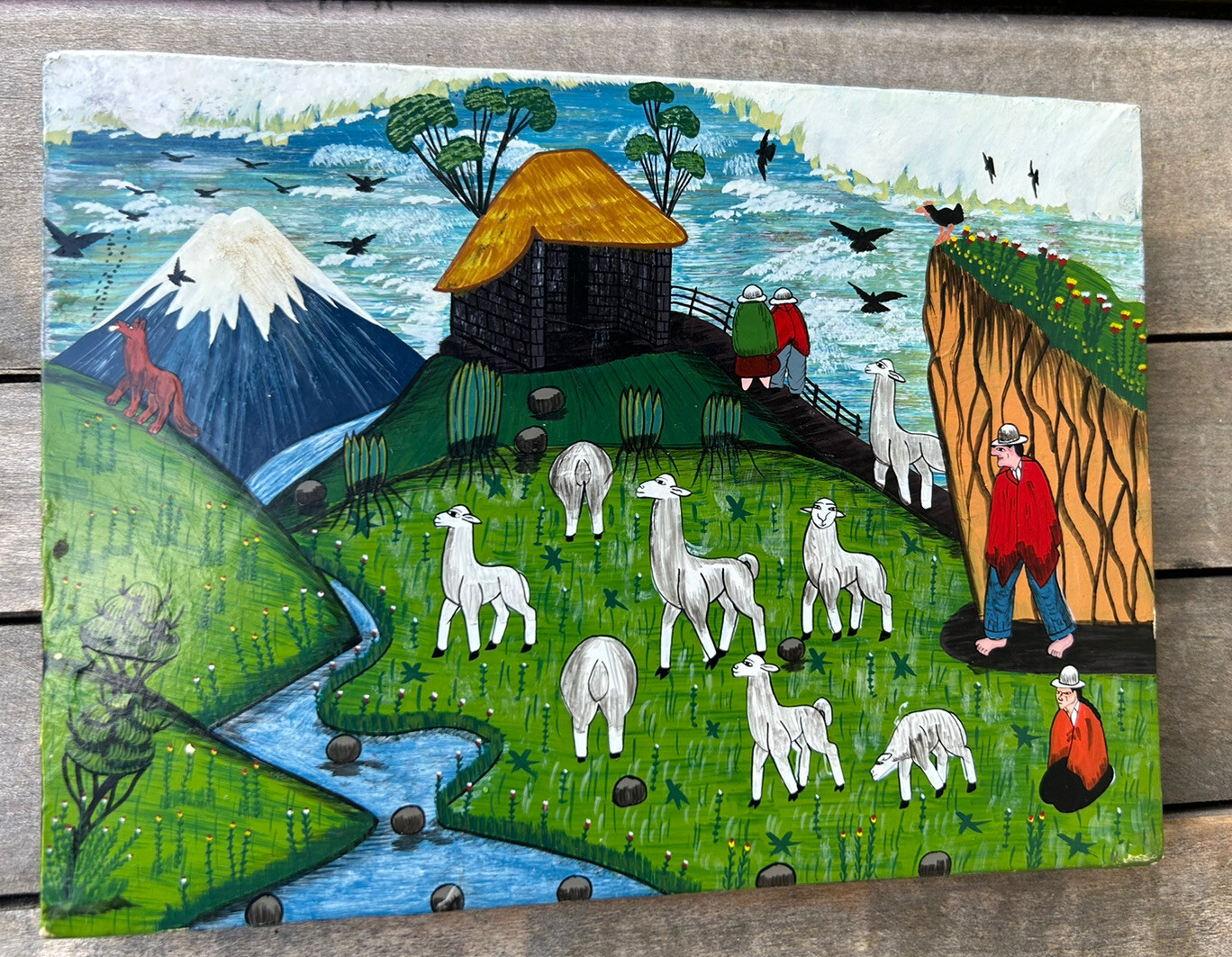 Tigua Ecuador Indigenous Art on Sheepskin , Mountains, Llamas, 8x6x0.66in