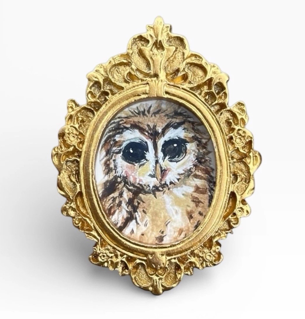 TEENY MINI • Owl 🦉 watercolor bird print in TINY ornate frame