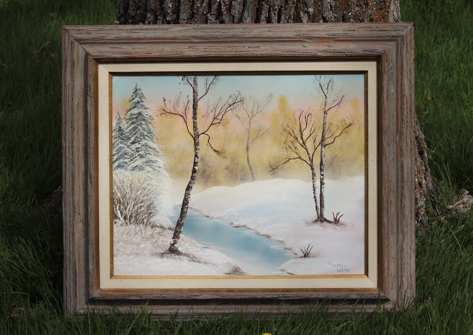 Original Oil Painting Snow Winter Creek Landscape Canvas Framed Signed 16×20 in