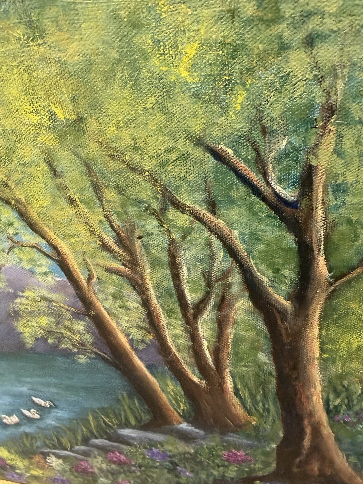 Original Signed Landscape Oil Painting Lake Swans Floral Garden Gold Frame 24×18