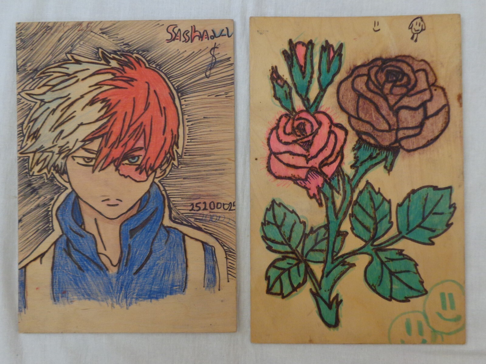 2 Pictures Hand Painted Wood Girl Boy Flower Bird Cartoon Ukraine Child Painting